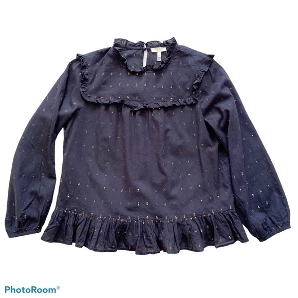 Joie Black & Metallic Ruffle Long Sleeve Gianella Blouse Semi Sheer Size S - Picture 7 of 12